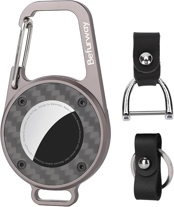 AirTag Holder Keychain - Premium Leather & Carbon Fiber Case with Secure Locking Carabiner | Compatible with Apple AirTag for Keys, Luggage, Backpacks, Bags (Gray)