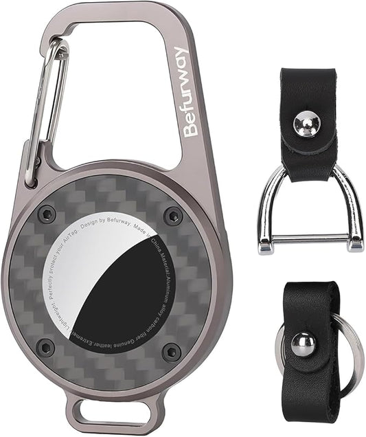 AirTag Holder Keychain - Premium Leather & Carbon Fiber Case with Secure Locking Carabiner | Compatible with Apple AirTag for Keys, Luggage, Backpacks, Bags (Gray)