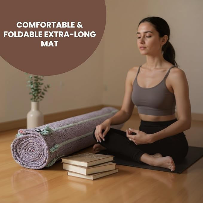 Indian Handmade100 % Organic Anti Skid Multi Colour Cotton Yoga Mat - Eco-Friendly Hand-Woven Rug - Non-Slip & Thick (24”x72”x5mm) for Hot yoga & Everyday Fitness at Home - Comfortable & Foldable Extra-Long Mat