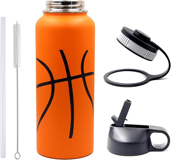 40 oz Basketball Water Bottle, Wide Mouth Sports Flask Metal Travel Tumbler with 2 Lids, Stainless Steel Double Wall Vacuum Insulated Thermo Water Jug, Basketball Accessories Gifts for Boys Girls