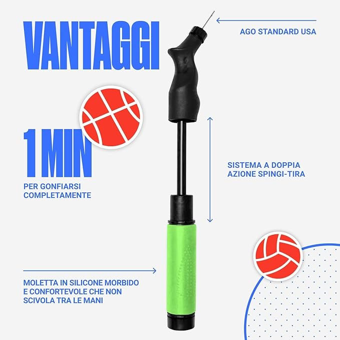 SPORTBIT Ball Pump for Sports Balls - Push & Pull Inflating System - Hand Pump for All Exercise Balls - Volleyball Pump, Basketball Inflator, Football & Soccer Ball Air Pump - Goes with 5 Needles Set