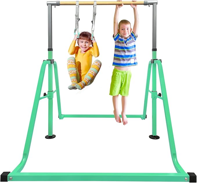 GLANT Gymnastics Bar for Kids with Rings Set, 7 Heights Adjustable Easy Folding Gymnastic Training Bar Kids Monkey Horizontal Bars - Max Load 300LBS