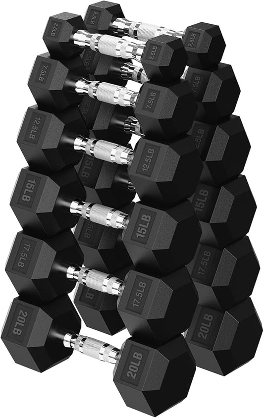 Hex Dumbbell 45-480 lb Set, Rubber Encased Exercise & Fitness Dumbbells for Home Gym, Hand Weights for Strength Training
