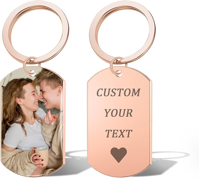 QYH Custom Keychain with Picture - Personalized Key Chain Laser Engraved Photo Text Gold Keychains Customized Gifts for Men