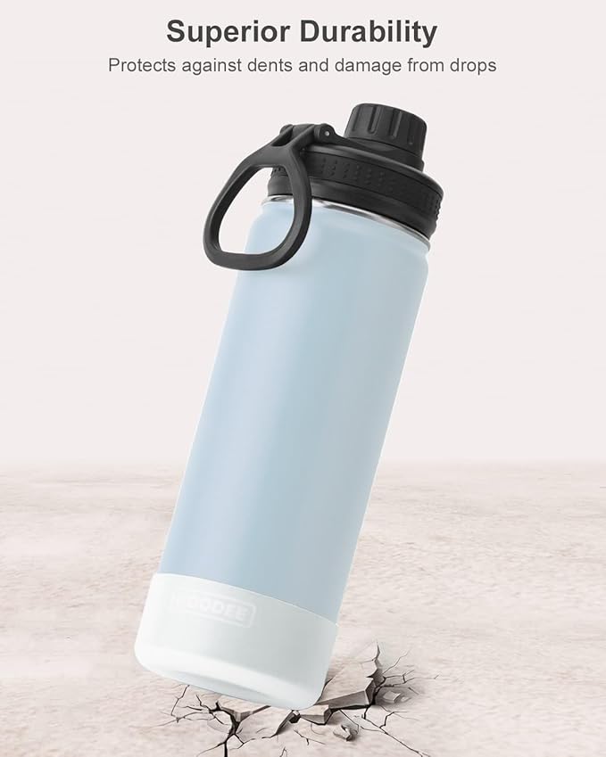 koodee Insulated Water Bottle, 22 oz Stainless Steel Double Wall Vacuum Wide Mouth Sport Bottle with Leakproof Spout Lid （Bby Blue）