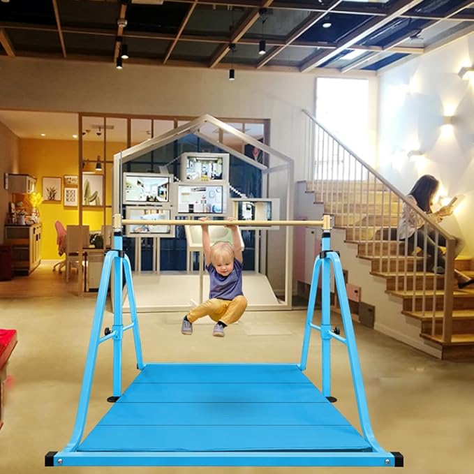 Foldable Gymnastics Kip Bar with Mat and Ring Set,3' to 5' Height Adjustable,Kids Gymnastic Equipment for Ages 3-15,Indoor and Home Training- Max Load 350LBS