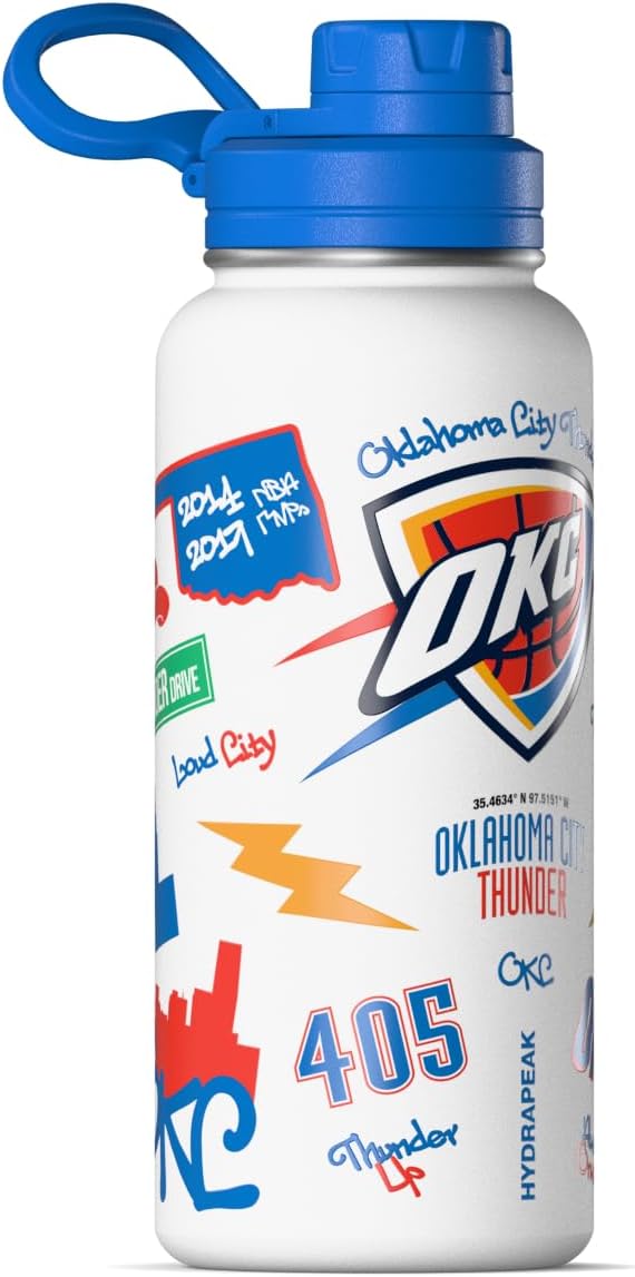 Hydrapeak x NBA Officially Licensed Oklahoma City Thunder 32 oz Active Water Bottle with Chug Lid Reusable Stainless Steel Double Wall Insulated Sports Gift, Celebrating The City Of Oklahoma