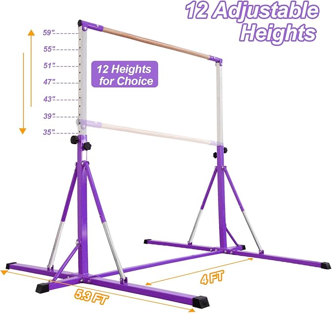 Gymnastics Bar for Kids Ages 3-15, 35" to 60" Adjustable Height, 4FT Wide Base - Professional Kip Bar with 360° Stability & Fiberglass Crossbar, Easy Fold&Solid Design for Home Training