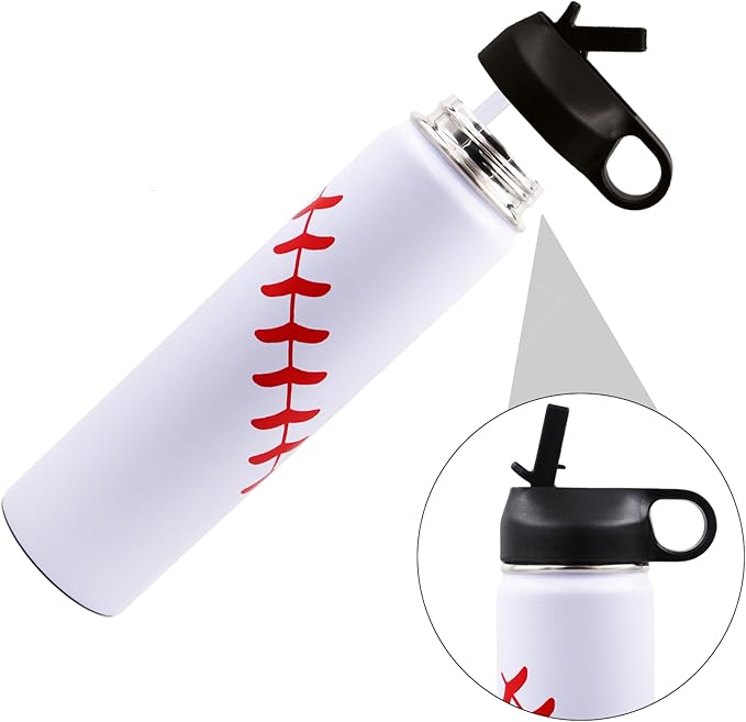 25 oz Baseball Water Bottle, Sports Flask Metal Travel Tumbler with 2 Lids, Stainless Steel Double Wall Vacuum Insulated Leak Proof Thermo Water Bottles, Baseball Accessories Gifts for Mom Boys Girls