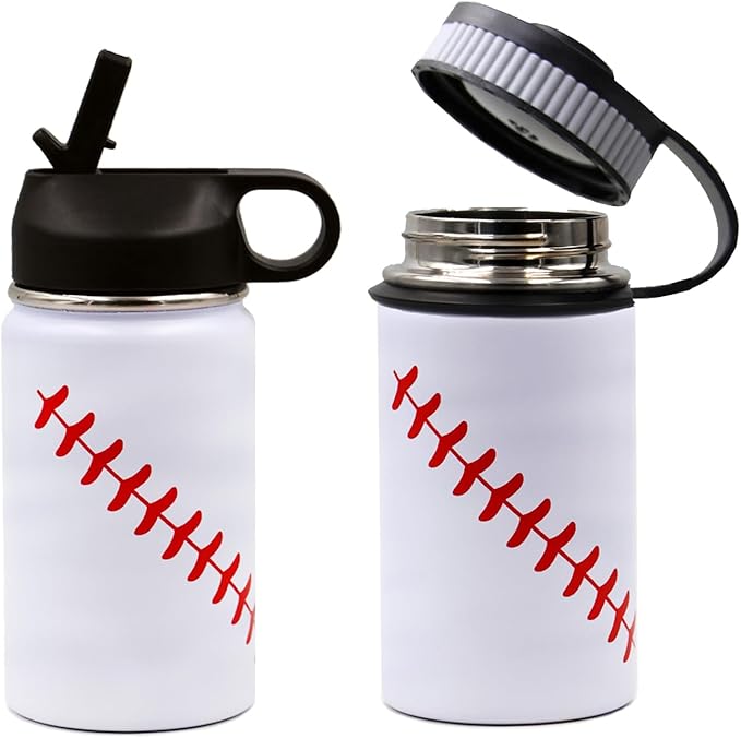 12 oz Baseball Water Bottle, Sports Flask Metal Travel Tumbler with 2 Lids, Stainless Steel Double Wall Vacuum Insulated Leak Proof Thermo Water Bottles, Baseball Accessories Gifts for Mom Boys Girls