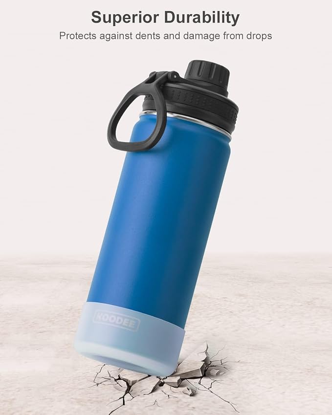 koodee Insulated Water Bottle, 18 oz Stainless Steel Double Wall Vacuum Wide Mouth Sport Bottle with Leakproof Spout Lid (Navy)