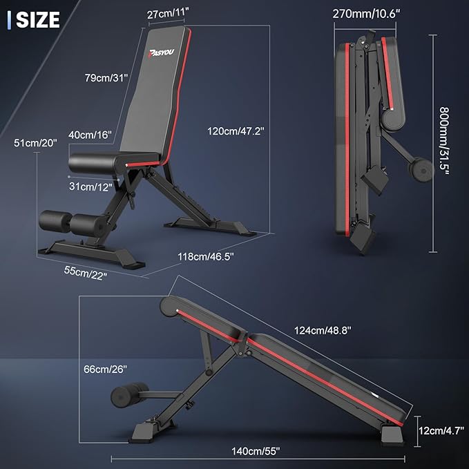 PASYOU Adjustable Weight Bench Press - 700lbs Load Foldable Workout Bench, Full Body Strength Training Benches for Home Gym (9x4x3 Positions)