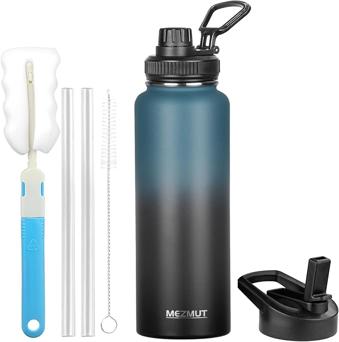 MEZMUT Insulated Water Bottle with Straw&2 Lids 40oz Stainless Steel Water Bottles Metal Water Bottle Double Walled Vacuum Insulated Bottles Cups Leak-Proof Travel Cup (Gradient Blue Black)