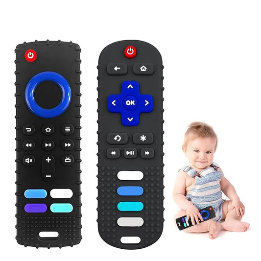 Baby Teething Toys, Food Grade Silicone Teethers for Babies 3 6 12 18 Months, Fire TV Remote Shape Infant Chew Toys for Boys and Girls, Freezer BPA Free (Black+Black)