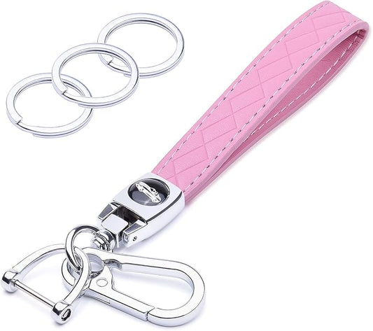 Wisdompro Microfiber Leather Car Keychain, Universal Key Fob Keychain Leather Key Chain Holder with 3 Keyrings and 1 Screwdriver for Men and Women - Pink
