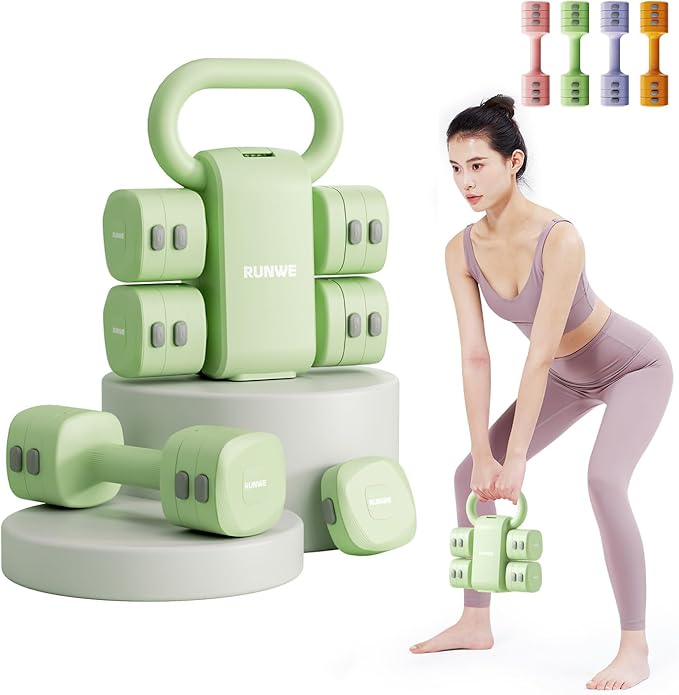 Lightweight Adjustable Dumbbell Kettlebell Set - 4 in 1 Free Weight Set with Kettlebell Grip Converter, Each 2.2 3.3 4.4 5.5lb Quick Change Weight Women Dumbbell Set for Small Spaces Home Gym