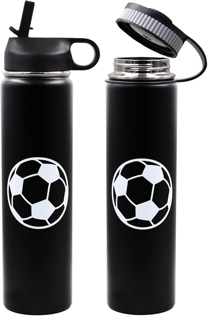 25 oz Soccer Water Bottle with Straw, Sports Flask Metal Travel Tumbler with 2 Lids, BPA Free Stainless Steel Double Wall Vacuum Insulated Leak Proof Thermo Water Bottles, Soccer Gifts for Boys Girls