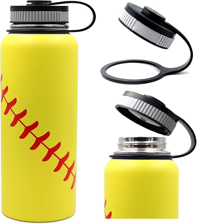 40 oz Softball Water Bottle, Wide Mouth Sports Flask Metal Travel Tumbler with 2 Lids, Stainless Steel Double Wall Vacuum Insulated Leak Proof Thermo Water Jug, Softball Stuff Gifts for Mom Girls