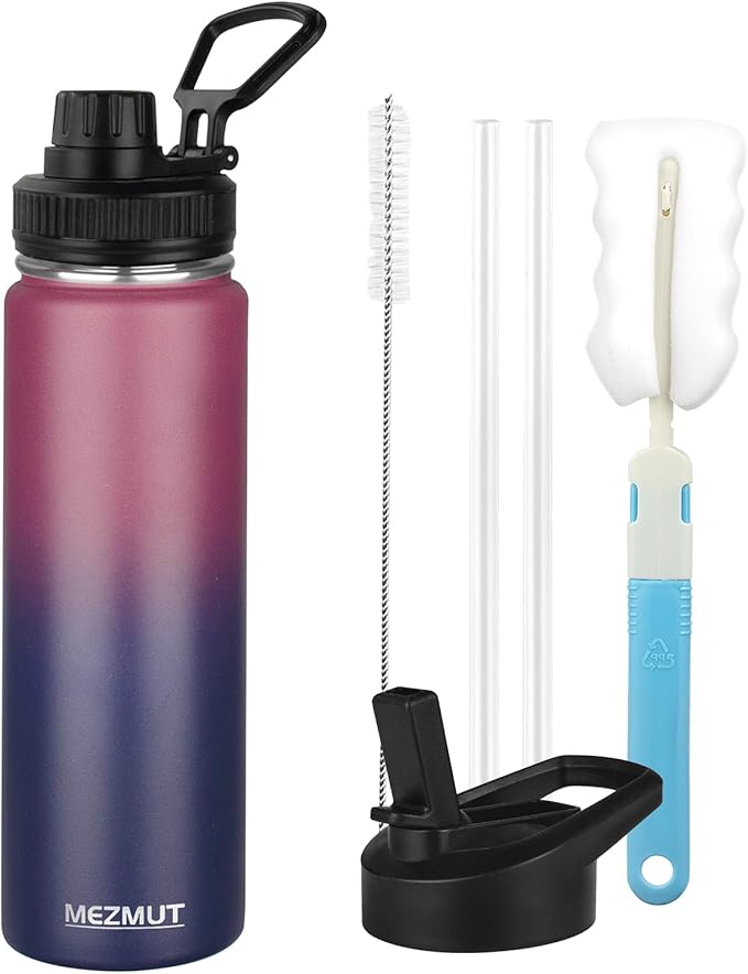 MEZMUT Insulated 24oz Stainless Steel Water Bottle with Straw & 2 Lids - Sports Metal Thermos Cup - Double Walled Vacuum Insulated Bottle - Leak-Proof Travel (Gradient Red Blue)
