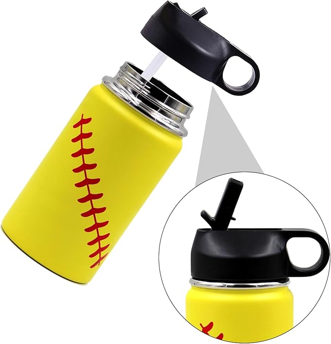 12 oz Softball Water Bottle, Wide Mouth Sports Flask Metal Travel Tumbler with 2 Lids, Stainless Steel Double Wall Vacuum Insulated Leak Proof Thermo Water Bottles, Softball Stuff Gifts for Mom Girls