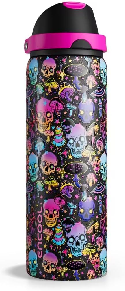 ENCOOL Insulated Water Bottle with Straw Stainless Steel Water Bottle with Push Button Lid, Leak-Proof & BPA-Free, Keeps Cold for 24 Hours for Sports, Travel, Gym (32 oz, Trippy Skulls)