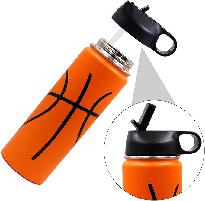 22 oz Basketball Water Bottle, Sports Flask Metal Travel Tumbler with 2 Lids, Stainless Steel Double Wall Vacuum Insulated Thermo Water bottles, Basketball Accessories Stuff Gifts for Mom Boys Girls