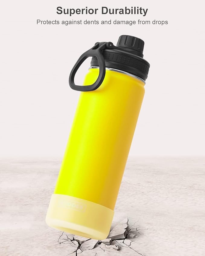 koodee Insulated Water Bottle, 22 oz Stainless Steel Double Wall Vacuum Wide Mouth Sport Bottle with Leakproof Spout Lid (Yellow)