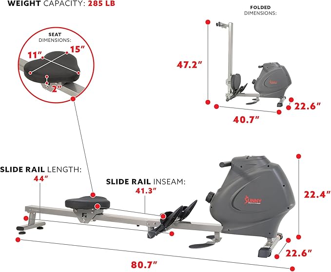 Sunny Health & Fitness Multi-Function Premium Magnetic Rowing Machine, Bicep Curls, Upward Rows, Seated Rows, Foldable Slide Rails, Digital Monitor, Optional Free SunnyFit App Connection