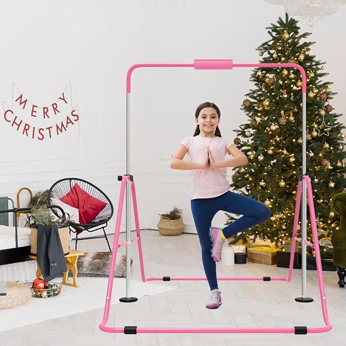 Gymnastics Bar with Self-Inflating Mat for Kids, Adjustable Height Gymnastic Horizontal Bars with Mat, Folding Gymnastic Training Monkey Bars, Junior Expandable Training Kip Bar for Home