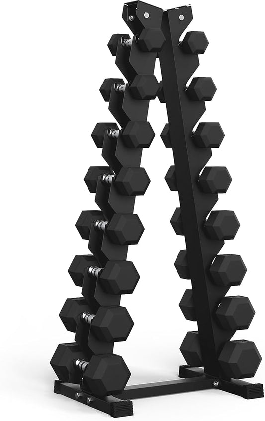 Rubber Hex Dumbbell Set with Rack, 8/10/12/15/20 Pair (450/550/780/1200/1550/2100 lbs total) Weight Rack with Dumbbells for Home Gym & Strength Training