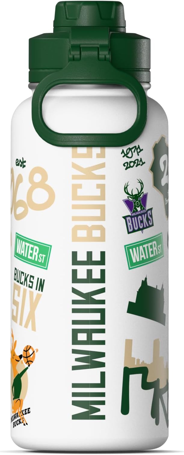 Hydrapeak x NBA Officially Licensed Milwaukee Bucks 32 oz Active Water Bottle with Chug Lid Reusable Stainless Steel Double Wall Insulated Sports Gift, Celebrating The City Of Milwaukee
