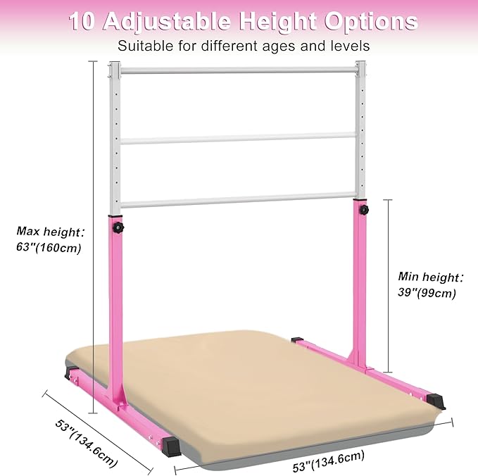 Gymnastics Bar for Kids Ages 3-15, 3' to 5' Adjustable Height, Gymnastic Kip Bar Horizontal Bar for Gymnas, Anti-Slip and Easy to Assemble, Home Gym Equipment Indoor for Girls, Boys