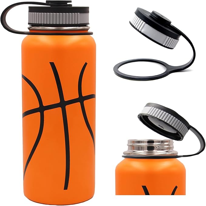 32 oz Basketball Water Bottle, Wide Mouth Sports Flask Metal Travel Tumbler with 2 Lids, Stainless Steel Double Wall Vacuum Insulated Thermo Water Bottles, Basketball Accessories Gifts for Boys Girls