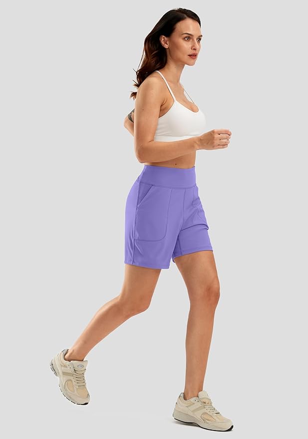 SANTINY Women's 6'' Athletic Long Shorts with 4 Pockets High Waisted Bermuda Shorts for Women Walking Running Casual