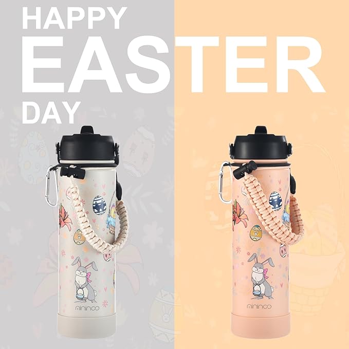 mininoo Water Bottle with Straw Lid, 24 oz Insulated Stainless Steel Double Wall Vacuum, Gifts, Cute Bunny & Egg(Peach Fuzz)
