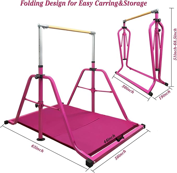 GLANT Gymnastics Bar for Kids with Rings Set, 7 Heights Adjustable Easy Folding Gymnastic Training Bar Kids Monkey Horizontal Bars - Max Load 300LBS