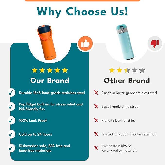 Elemental Insulated Kids Water Bottle, Stainless Steel Water Bottle with Straw Lid & Pop-It Handle, Leak-Proof Water Bottles for School, Boys or Girls, Travelling and Sports, 18oz - Meowmaid