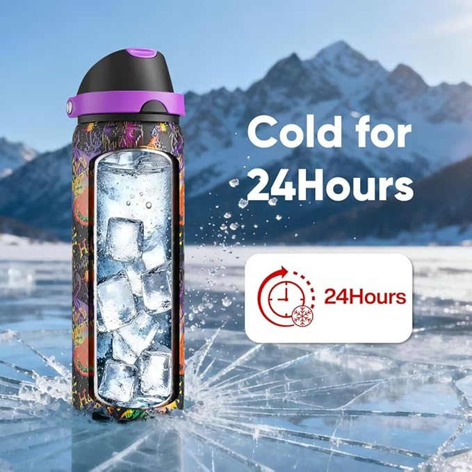 ENCOOL Insulated Water Bottle with Straw Stainless Steel Water Bottle with Push Button Lid, Leak-Proof & BPA-Free, Keeps Cold for 24 Hours for Sports, Travel, Gym (32 oz, Ghost Party)