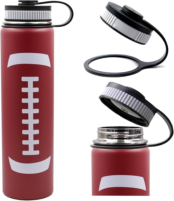25 oz Football Water Bottle with Straw, Sports Flask Metal Travel Tumbler with 2 Lids, Stainless Steel Double Wall Vacuum Insulated Leak Proof Thermo Water Bottles, Football Gear Gifts for Boys Girls