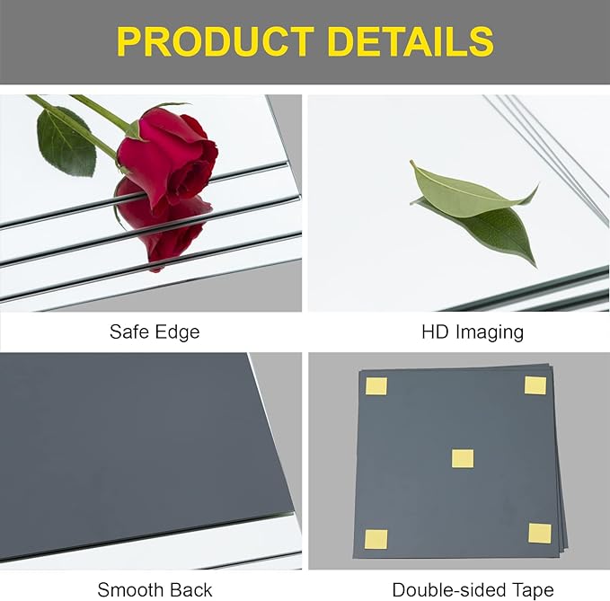 Ruomeng Full Length Wall Mirror Tiles - 10" x 10" x 4Pcs Frameless Full Body Mirror Tiles Wall Mounted Mirror for Home Gym Vanity Bedroom, Living Room