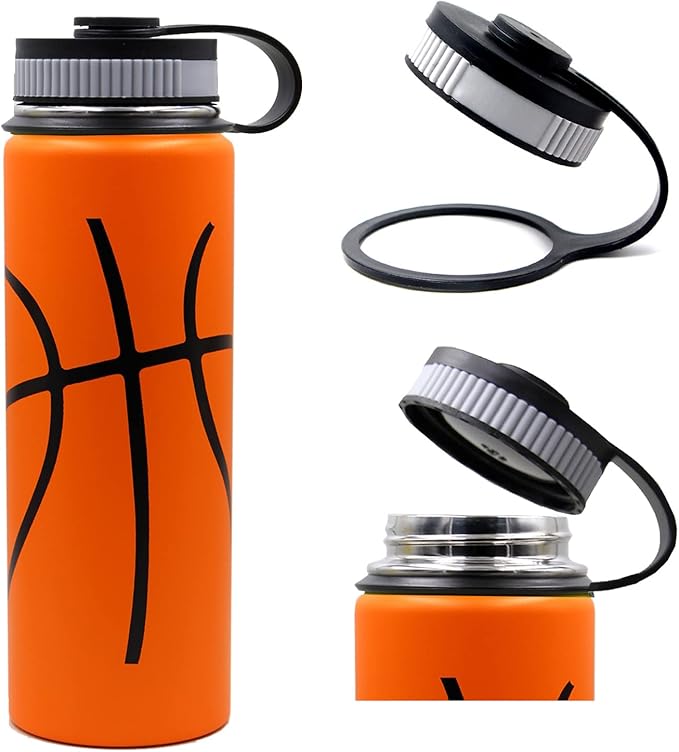 22 oz Basketball Water Bottle, Sports Flask Metal Travel Tumbler with 2 Lids, Stainless Steel Double Wall Vacuum Insulated Thermo Water bottles, Basketball Accessories Stuff Gifts for Mom Boys Girls