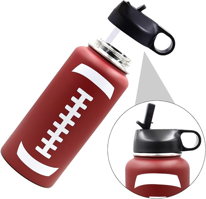 32 oz Football Water Bottle with Straw, Wide Mouth Sports Flask Metal Travel Tumbler with 2 Lids, Stainless Steel Double Wall Vacuum Insulated Thermo Water Bottles, Football Gear Gifts for Boys Girls