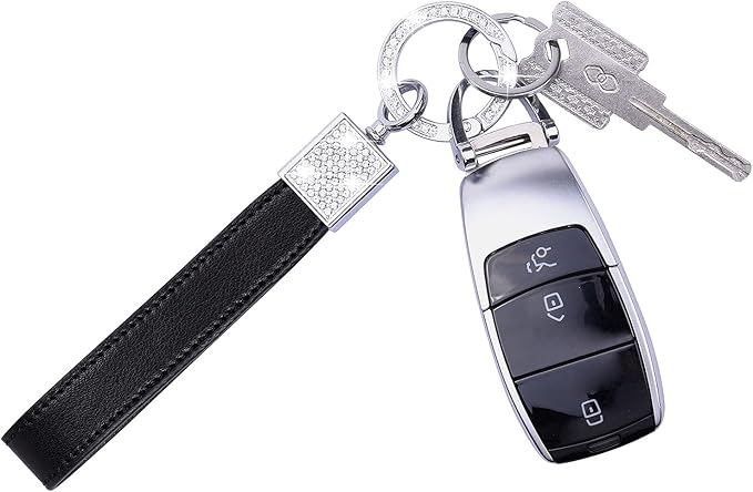 Wisdompro Genuine Leather Car Keychain, Bling Key FOB Holder Leather Loop Keychains for Women Girls with Crystal Rhinestones and 2 Keyrings - Black