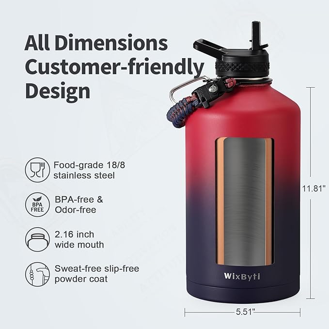 One Gallon Water Bottle Insulated, Triple Wall Vacuum Cold for 48 Hrs & Leak-proof & Non-BPA, 128oz Christmas Stainless Steel Gifts Water Jug with Paracord Handle Straw Spout Lids