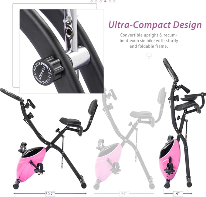 Foldable Exercise Bike with Magnetic Resistance, LCD Display and Arm Bands - Adjustable Upright Recumbent Stationary Fitness Cycling Machine for Home Gym