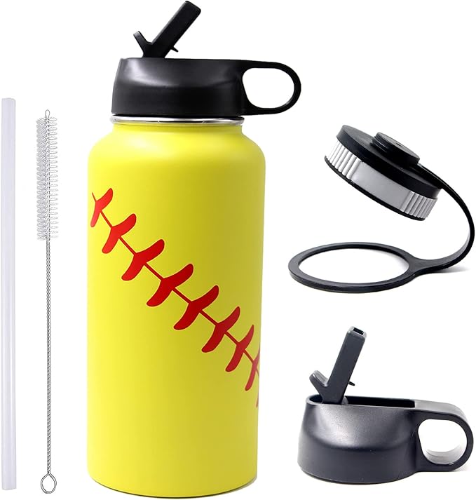 32 oz Softball Water Bottle, Wide Mouth Sports Flask Metal Travel Tumbler with 2 Lids, Stainless Steel Double Wall Vacuum Insulated Leak Proof Thermo Water Bottles, Softball Stuff Gifts for Mom Girls