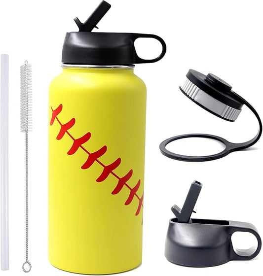 32 oz Softball Water Bottle, Wide Mouth Sports Flask Metal Travel Tumbler with 2 Lids, Stainless Steel Double Wall Vacuum Insulated Leak Proof Thermo Water Bottles, Softball Stuff Gifts for Mom Girls