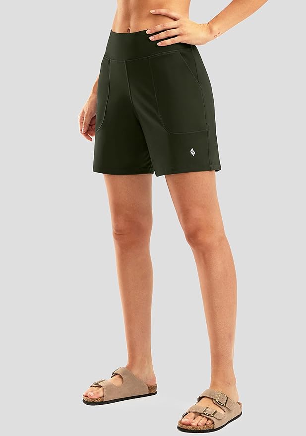 SANTINY Women's 6'' Athletic Long Shorts with 4 Pockets High Waisted Bermuda Shorts for Women Walking Running Casual