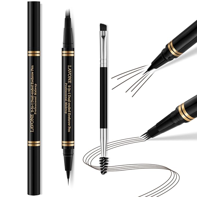 Eyebrow Pen Makeup Kit With 4 Tip Waterproof Microblading Pencil, Eyeliner, Pomade and Dual-ended Brush - Natural Looking Brow Kit for Brunette