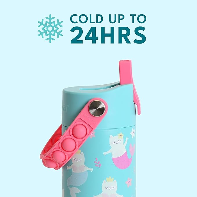 Elemental 100% Leak Proof When Spout is Closed Insulated Kids Water Bottle, Stainless Steel Bottle for School with Straw Lid & Pop-It Handle, Meowmaid & Mermaid Sisters -18oz (2 Pack)